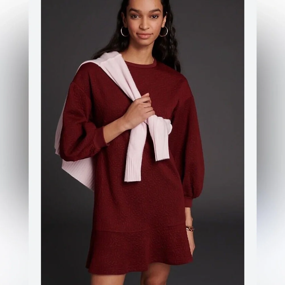 H23 Anthropologie‎ Mare Mare Odila Texture Floral Knit Tunic Dress Wine Red